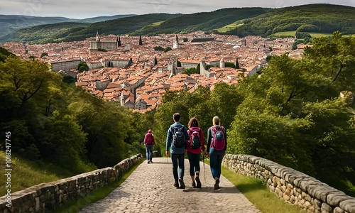 Pilgrims arriving at Santiago de Compostela. Camino de Santiago. photo