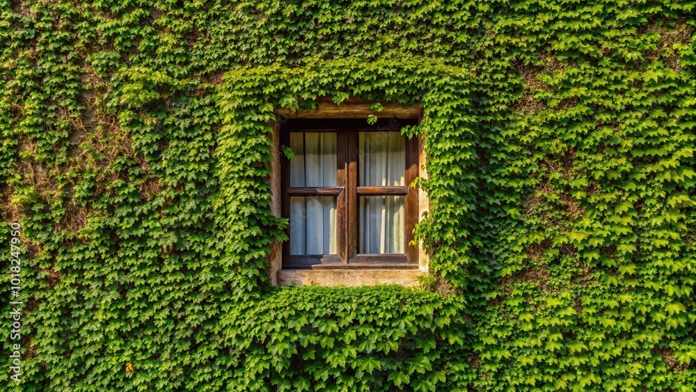 Minimalist window of house in wall covered with ivy Minimalist window of house in wall covered with ivy