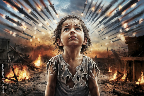 Heart-Wrenching Illustration of a Sad Child Gazing at a Sky Filled with Military Rockets – Powerful Depiction of War's Impact on Innocence