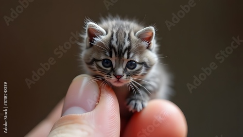 Cute little kitten in human hands. Shallow depth of field.