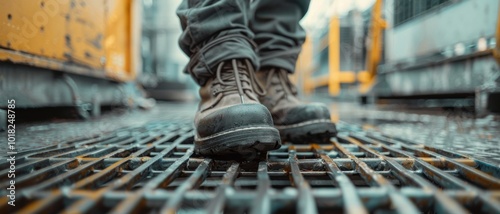 A pair of rugged boots steps confidently across a metal grate, embodying resilience and determination amidst an industrial backdrop.