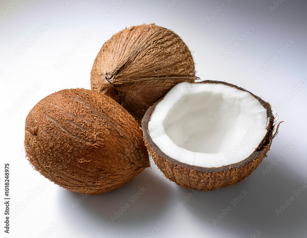 Coconut half with slice and piece, isolated on a clean and smooth white background Coconut half with slice and piece, isolated on a clean and smooth white background