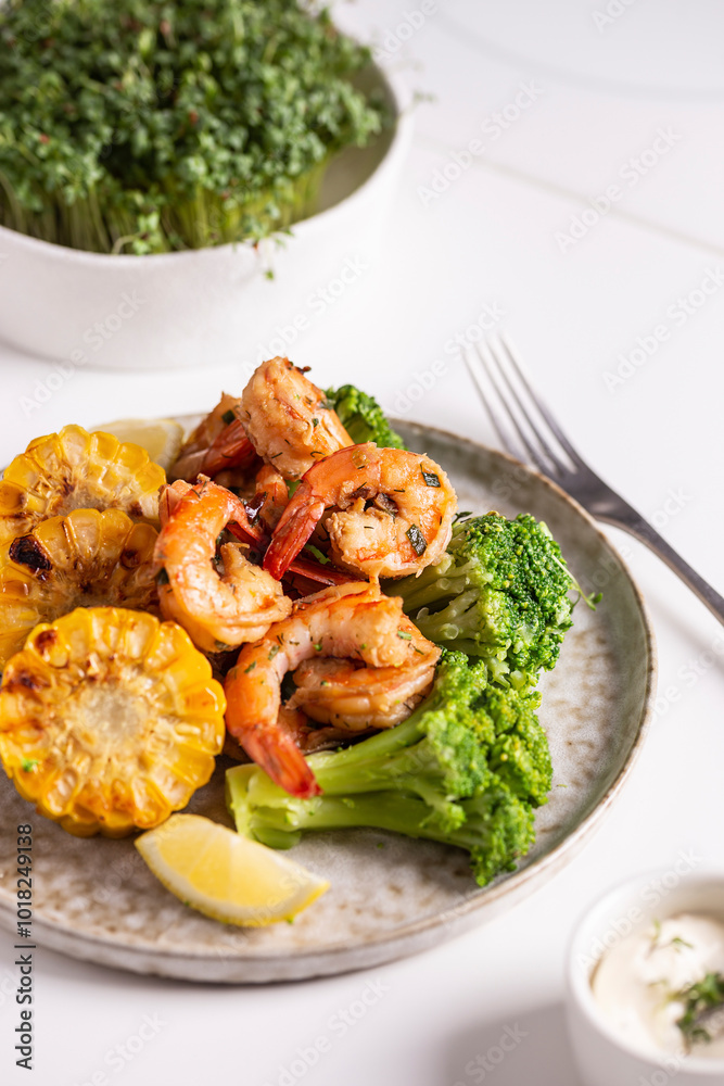 Shrimp and vegetables cooked in the oven for a healthy lunch on a white table Shrimp and vegetables cooked in the oven for a healthy lunch on a white table