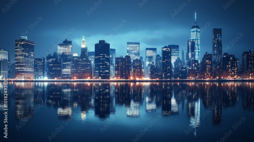 Obraz premium A panoramic view of a city skyline at night, with skyscrapers illuminated by the lights reflecting in the water.
