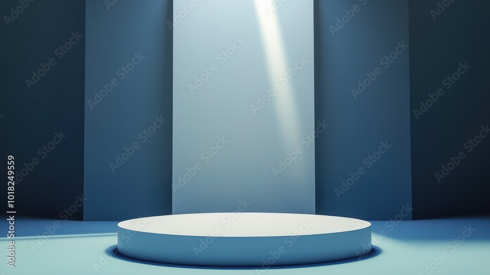 A Single White Cylinder Platform Against a Blue Background with Light Streaks A Single White Cylinder Platform Against a Blue Background with Light Streaks