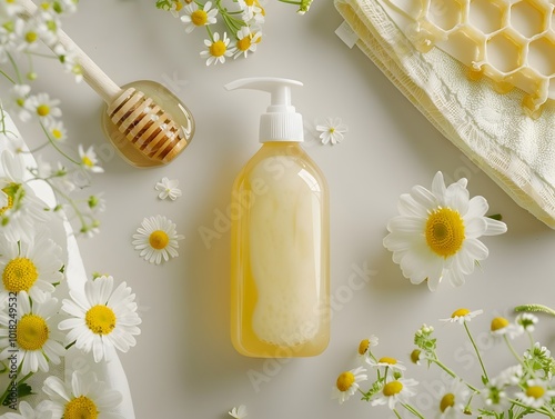 Natural Honey based Hair Conditioner with Fresh Flowers and Honeycomb Towel Organic Beauty and Wellness Concept