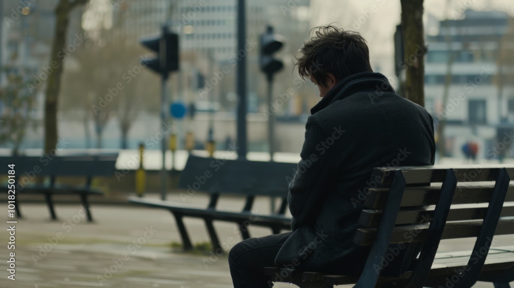 Man sitting alone on park bench with worried expression, surrounded by empty benches, capturing loneliness and uncertainty of unemployment. Man sitting alone on park bench with worried expression, surrounded by empty benches, capturing loneliness and uncertainty of unemployment.