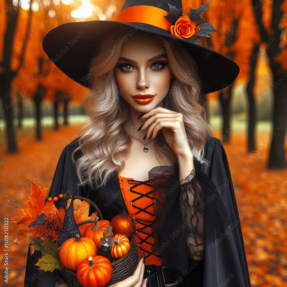 Young attractive witch walks in an orange forest during the autumn season. Helloween design. Young attractive witch walks in an orange forest during the autumn season. Helloween design.