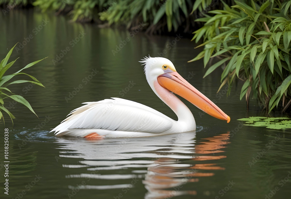 Pelican on the water with green leaves Pelican on the water with green leaves