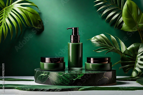 Cosmetic bottle containers on green background with tropical leaves. Skin care and beauty products. photo