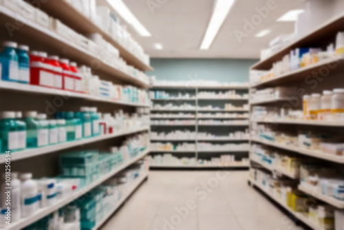 Blurred background of pharmacy drugstore or drugstore with shelves and shelves