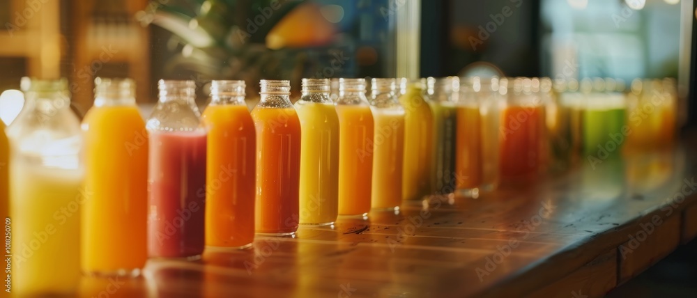 A long lineup of colorful juices in glass bottles stretches across a wooden counter, offering a visual feast of fresh flavors. A long lineup of colorful juices in glass bottles stretches across a wooden counter, offering a visual feast of fresh flavors.