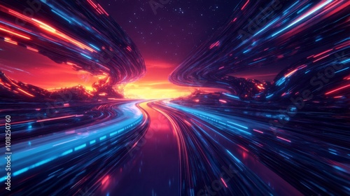 Abstract digital landscape with glowing lines and a starry sky