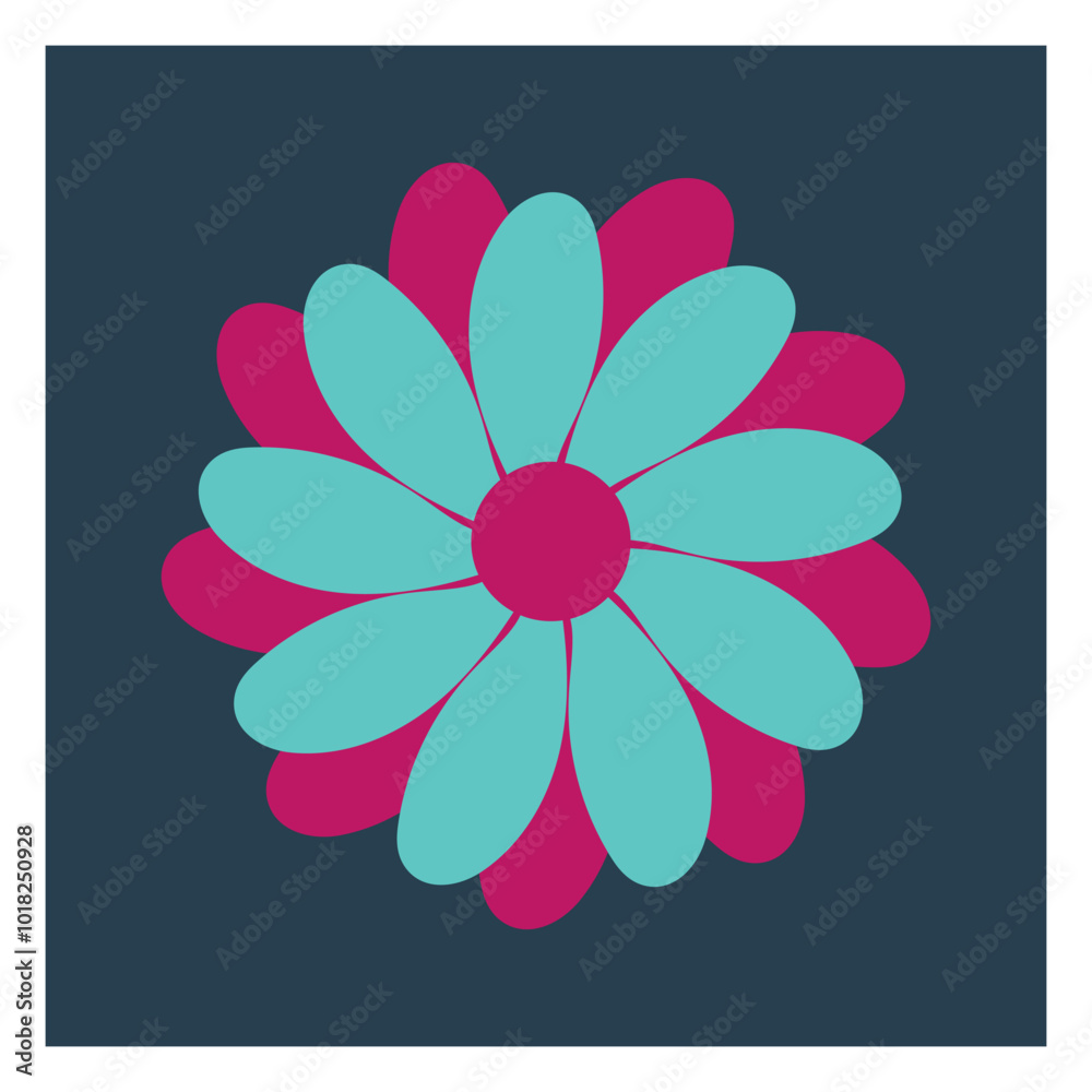 Beautiful abstract chamomile flower in pink and turquoise colors on dark blue background. Calendula flower as a symbol of day of the dead, dia de los muertos. Hand drawn vector flat illustration Beautiful abstract chamomile flower in pink and turquoise colors on dark blue background. Calendula flower as a symbol of day of the dead, dia de los muertos. Hand drawn vector flat illustration