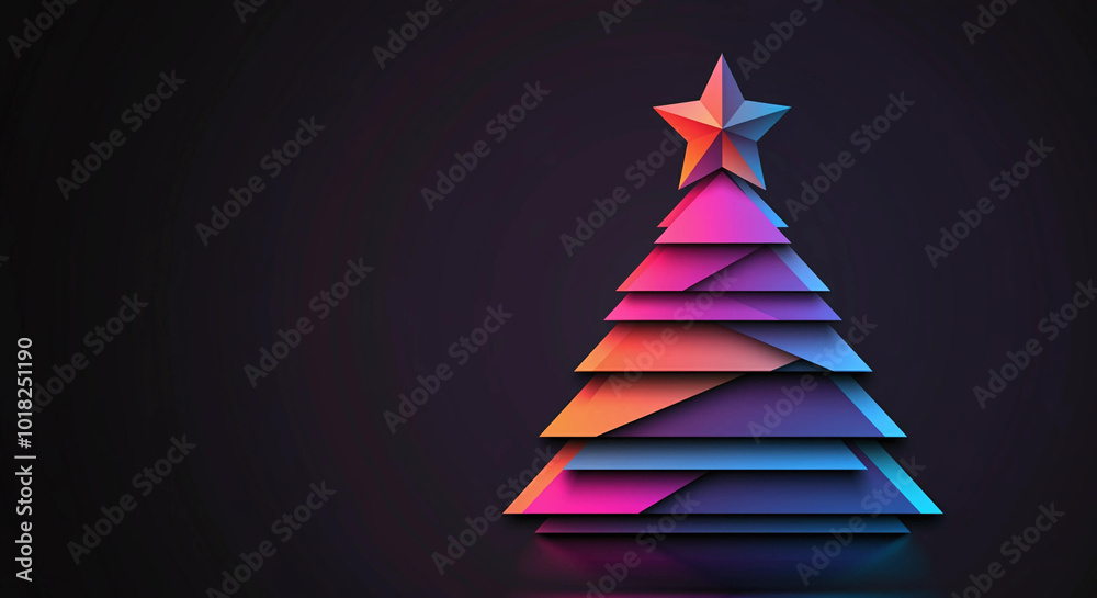 A modern, colorful Christmas tree with vibrant gradient layers, topped by a star. Set against a dark background with glowing lights. generative ai A modern, colorful Christmas tree with vibrant gradient layers, topped by a star. Set against a dark background with glowing lights. generative ai