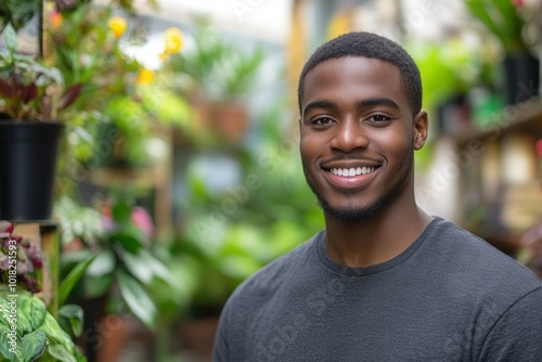 A young man stands confidently in a lush greenhouse filled with various vibrant plants. His warm smile reflects joy and enthusiasm for the greenery surrounding him, creating a welcoming and lively atm