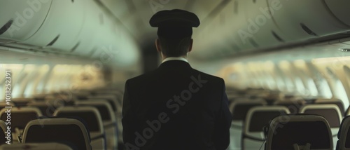 A uniformed person walks down the aisle of an empty aircraft, embodying a journey paused in serene solitude under the dimmed cabin lights. photo