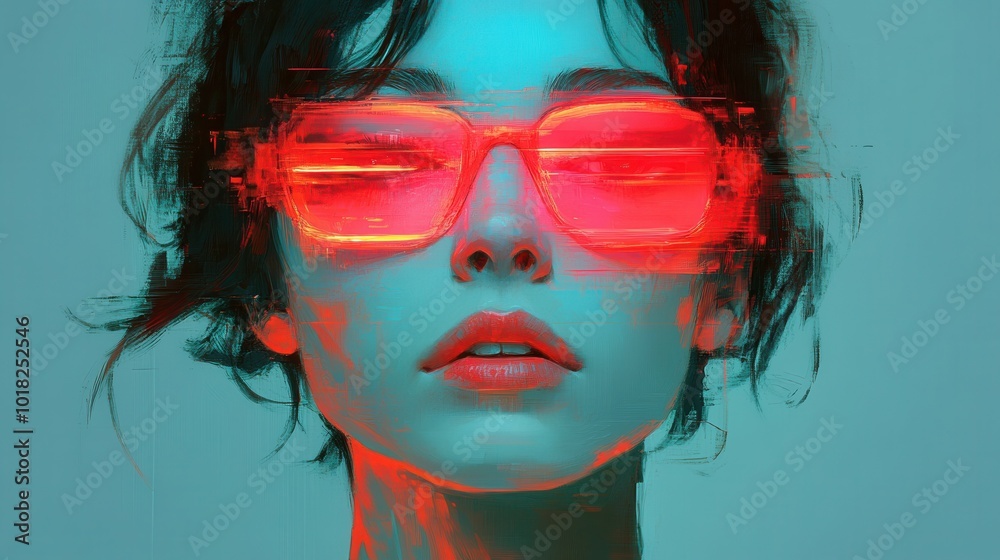 Fototapeta premium A woman stands with her eyes closed, showcasing striking neon sunglasses. The background is a vivid blue, creating a captivating contrast with her features.