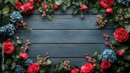 A vibrant display of red roses and blue hydrangeas surrounded by lush green leaves creates a beautiful frame on a rustic blue wooden background. The combination of colors adds a fresh ambiance suitabl photo