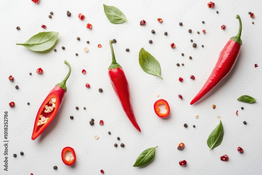 Flat lay (top view) of Two Red chili peppers with sliced isolated on white background - generative ai Flat lay (top view) of Two Red chili peppers with sliced isolated on white background - generative ai