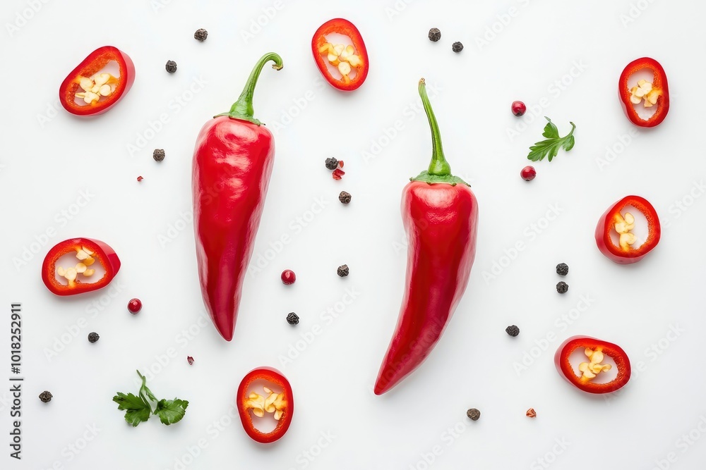 Flat lay (top view) of Two Red chili peppers with sliced isolated on white background - generative ai Flat lay (top view) of Two Red chili peppers with sliced isolated on white background - generative ai