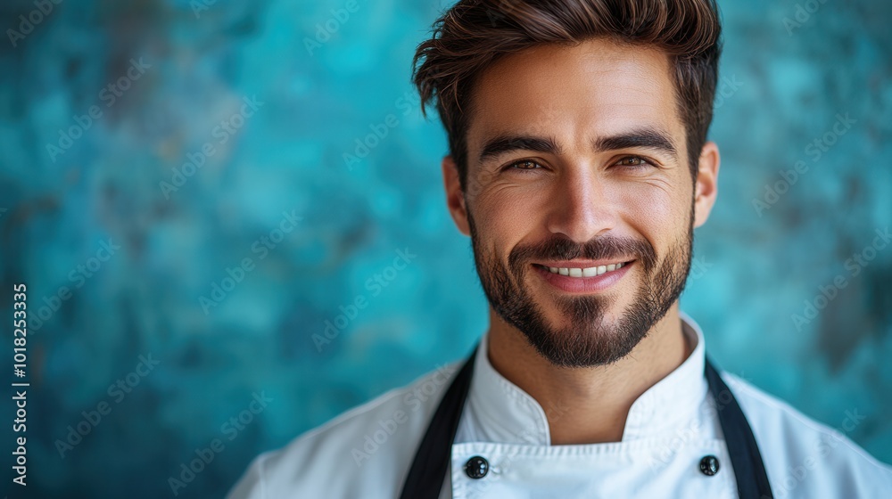 A charismatic male chef, dressed neatly in his uniform, grins widely in a chic kitchen with a turquoise backdrop, embodying professionalism and charm in culinary arts. A charismatic male chef, dressed neatly in his uniform, grins widely in a chic kitchen with a turquoise backdrop, embodying professionalism and charm in culinary arts.