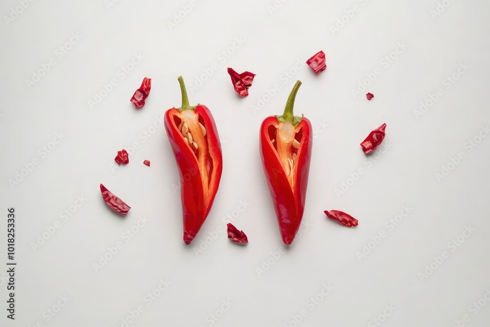 Flat lay (top view) of Two Red chili peppers with sliced isolated on white background - generative ai Flat lay (top view) of Two Red chili peppers with sliced isolated on white background - generative ai