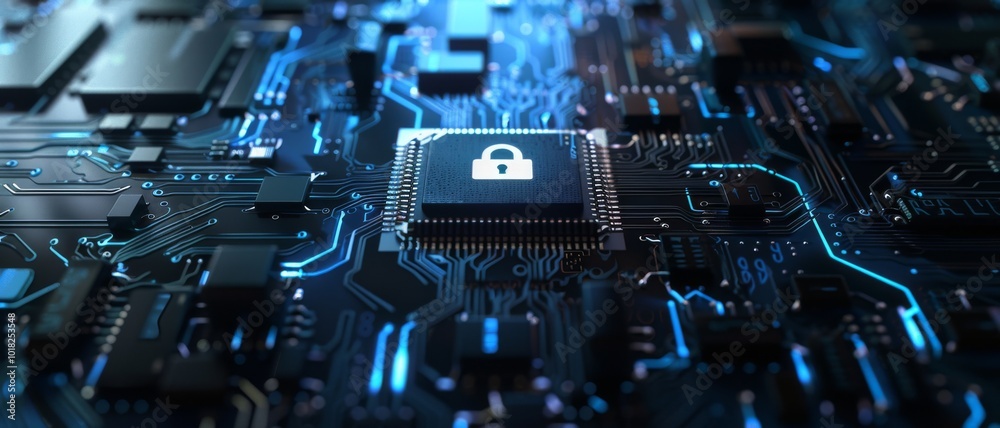 Fototapeta premium A glowing lock icon sits atop a complex network of circuits, symbolizing digital security and innovation.