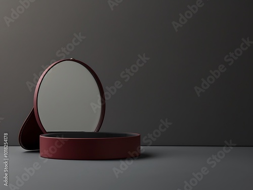 High-res, minimalist design, black background, round mirror in maroon case, left side, dark grey backdrop, copy space photo