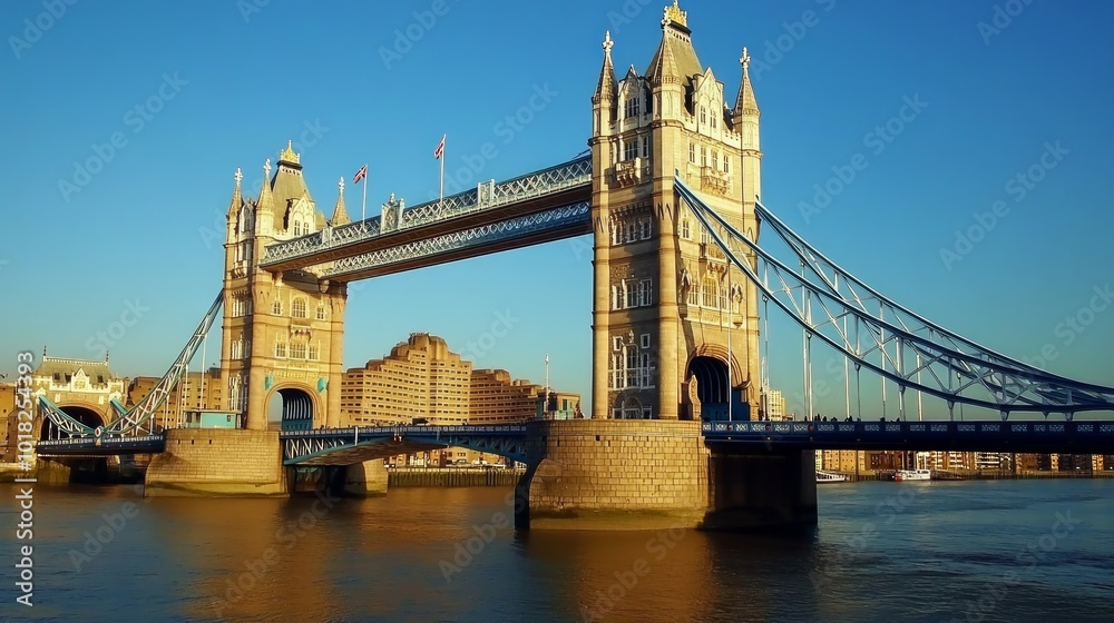 Obraz premium A panoramic view of the iconic Tower Bridge in London, England, with the River Thames in the foreground and a blue sky overhead. The bridge is a popular tourist destination and a symbol of the city.