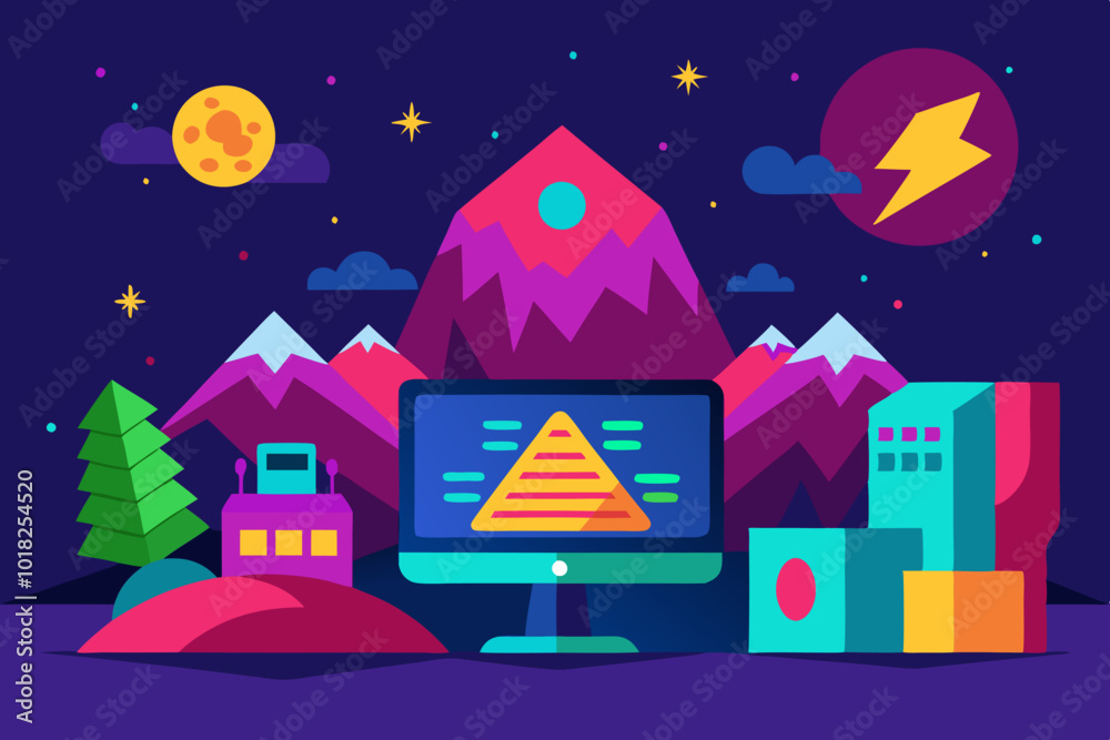 Fototapeta premium Cyber monday digital landscape adventure with futuristic technology and neon colors