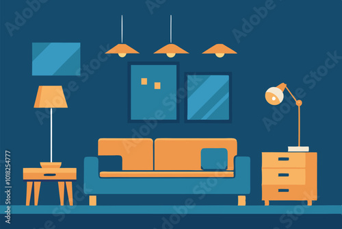 Stylized living room at night with blue and orange theme. Yellow sofa, cartoon lamps, mirrors, and decor create warm, playful ambiance. Artistic, inviting space with carefully curated elements.