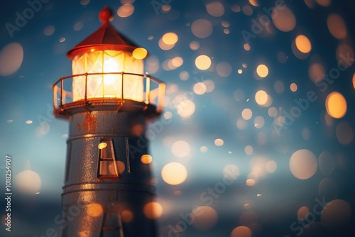 Glowing Lighthouse with Bokeh Background at Dusk