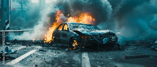 Amidst thick smoke, a car blazes in fiery destruction on an urban street, a vivid testament to chaos and urgency.