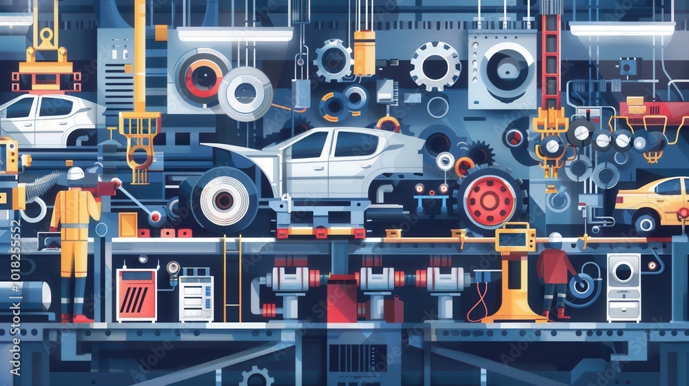 Machinery operates alongside workers to produce various car parts in an automotive production setting filled with equipment. Generative AI Machinery operates alongside workers to produce various car parts in an automotive production setting filled with equipment. Generative AI