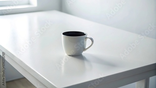 Minimalistic white desk setup with black handle cup