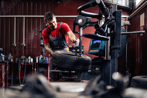 Tire repair and wheel service. Repairman mounting new wheels for the car.