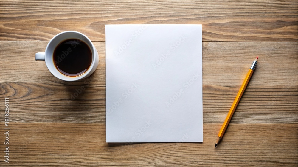 Minimalistic workspace with white paper, coffee cup, pencil Minimalistic workspace with white paper, coffee cup, pencil