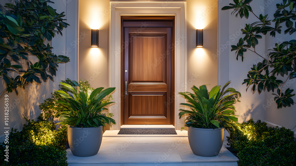 An elegant wooden front door features clean lines, warmly illuminated by soft lights, flanked by lush plants creating an inviting entrance An elegant wooden front door features clean lines, warmly illuminated by soft lights, flanked by lush plants creating an inviting entrance
