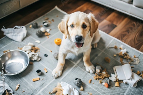 A guilty funny puppy, a retriever dog, trashed the room, tore toys, pillows and paper, the living room is a mess.