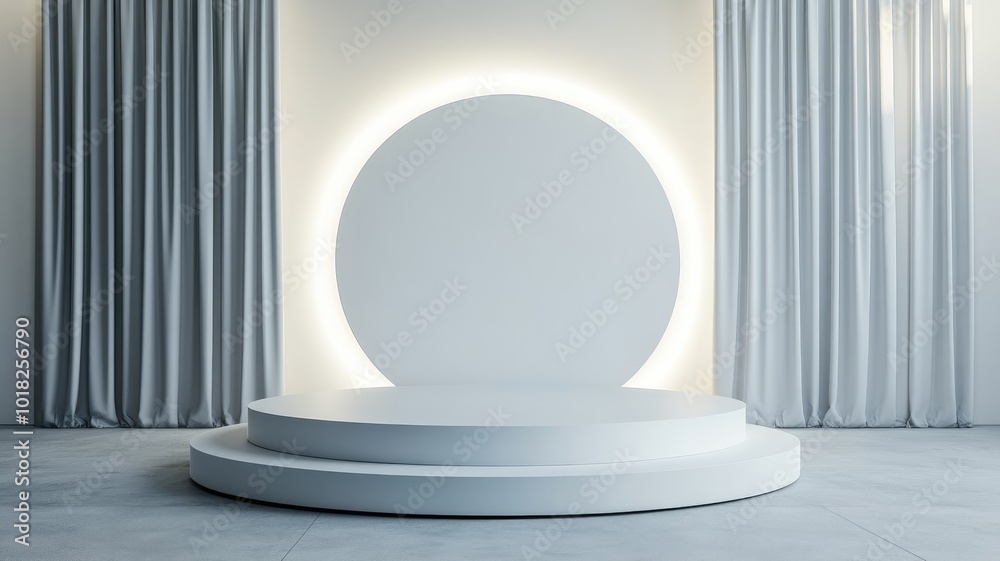 Fototapeta premium Minimalist Stage with White Circular Backdrop and Curtains