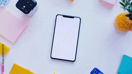 A smartphone with a white blank screen, lying on a white table with accessories around it.
Mobile, device, technology, flay lay, gadgets.