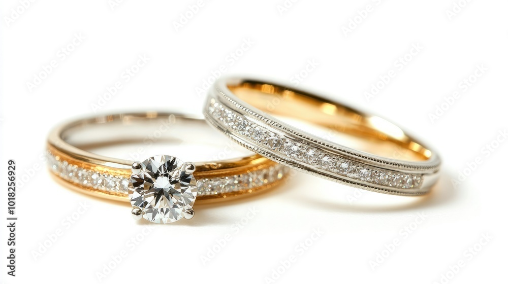 Close-up of gold and silver diamond wedding rings on a white background, showcasing their elegance and simplicity Close-up of gold and silver diamond wedding rings on a white background, showcasing their elegance and simplicity