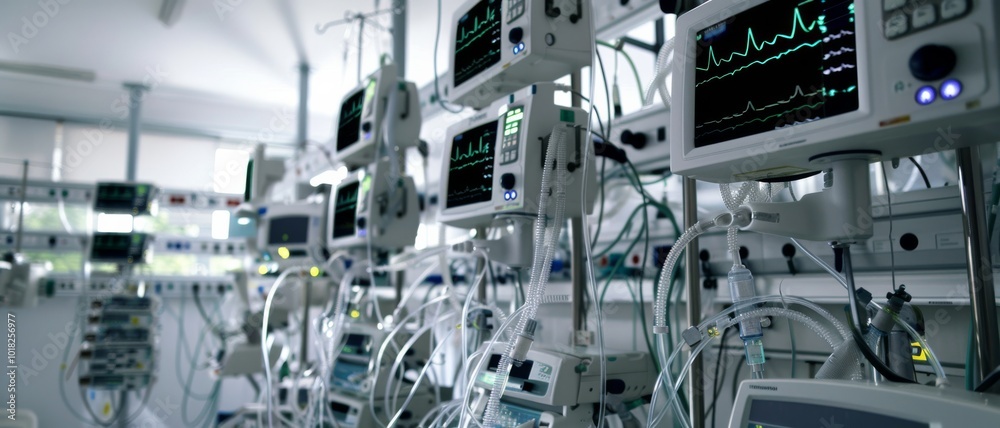 A room filled with intricate medical monitoring equipment, displaying vibrant data on multiple screens, evoking a sense of advanced healthcare technology. A room filled with intricate medical monitoring equipment, displaying vibrant data on multiple screens, evoking a sense of advanced healthcare technology.
