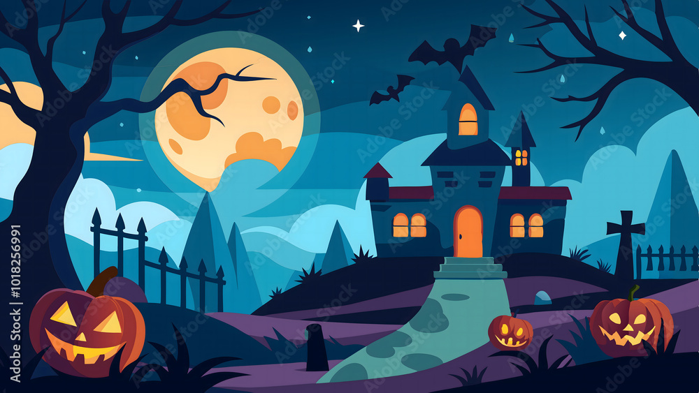 Spooky Haunted House with Jack-o'-Lanterns background