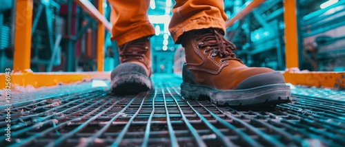 Sturdy work boots stride confidently down a grated walkway bathed in blue light, exuding a sense of purpose and industrial vigor. photo