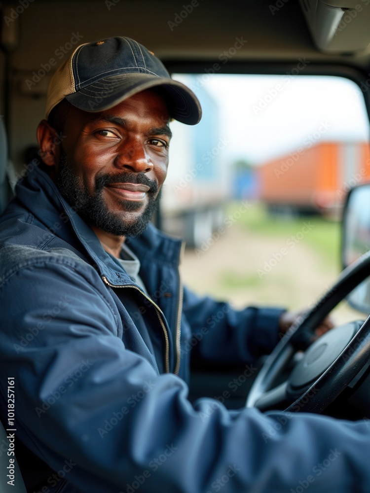 A man sits confidently behind the wheel of his truck at a transportation hub, smiling warmly. The daylight illuminates the area, highlighting nearby parked vehicles and the professional atmosphere of A man sits confidently behind the wheel of his truck at a transportation hub, smiling warmly. The daylight illuminates the area, highlighting nearby parked vehicles and the professional atmosphere of
