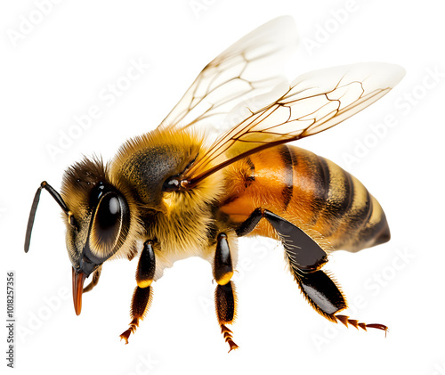 Honey bee with detailed wings, isolated on transparent background