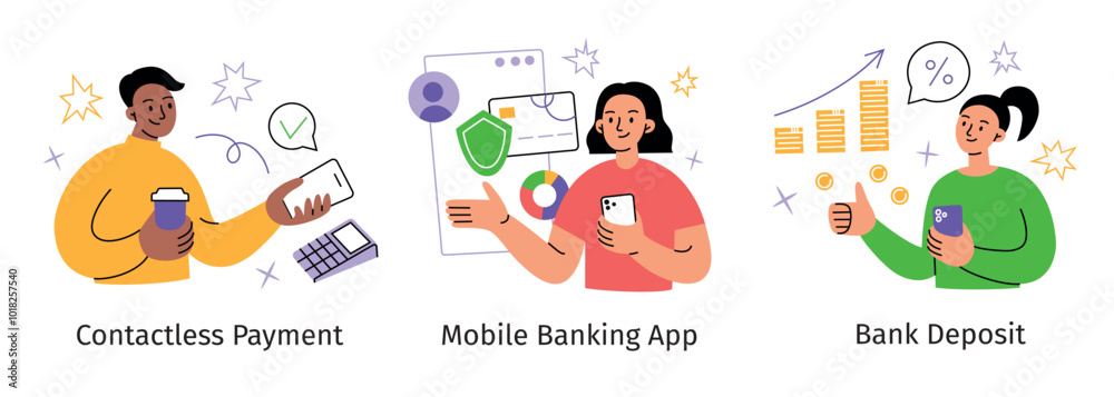 Fototapeta premium Vector illustration of contactless payment, mobile banking app, and bank deposit. Flat cartoon design of people using banking technologies and smartphones for finance management