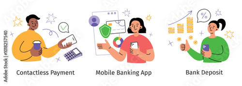Vector illustration of contactless payment, mobile banking app, and bank deposit. Flat cartoon design of people using banking technologies and smartphones for finance management